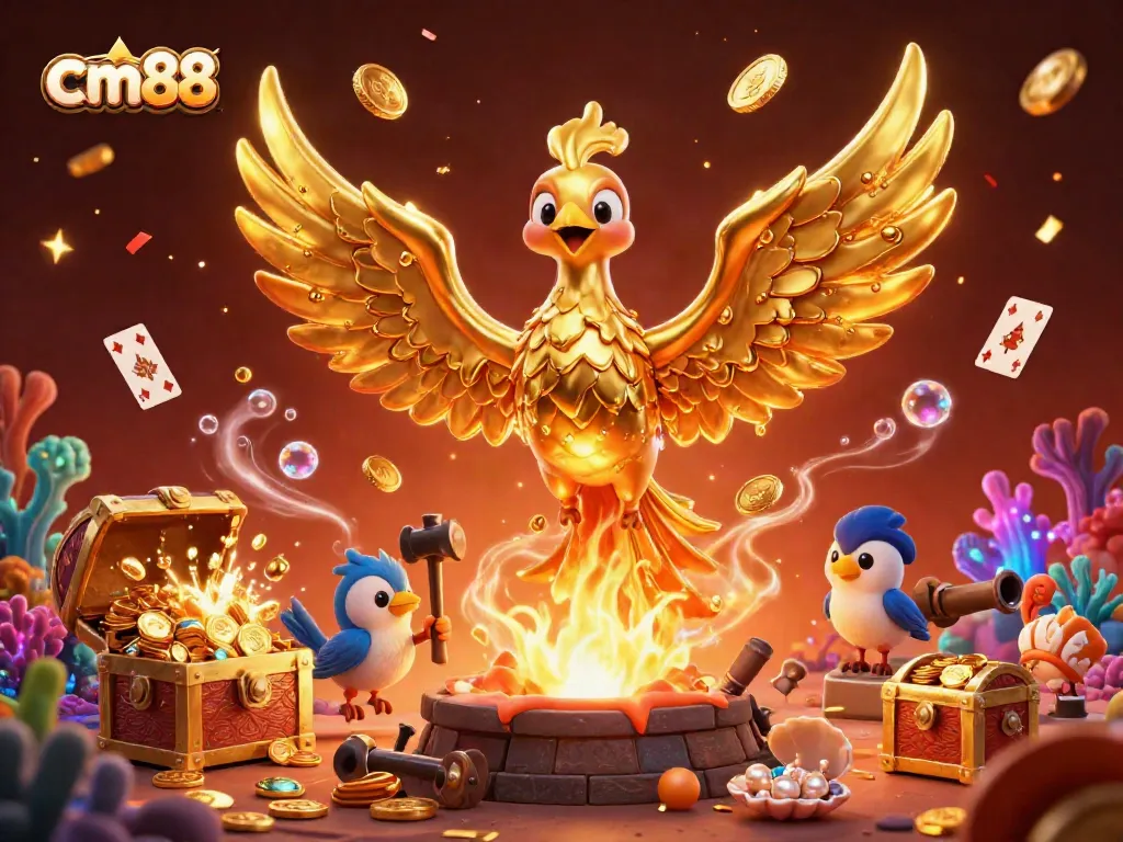 Experience exciting gameplay at cm88 with a golden phoenix and vibrant casino elements in an energetic scene.