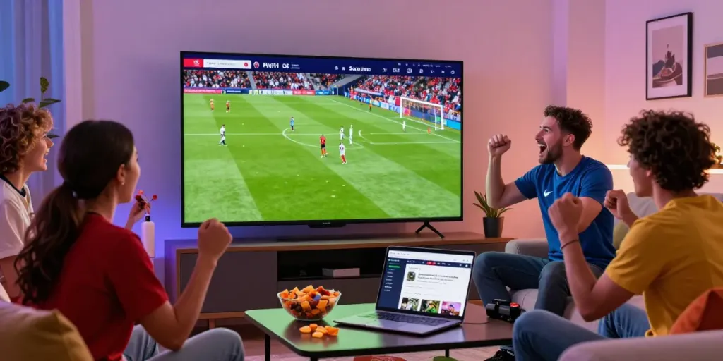 SOCOLIVE fans enjoying a live soccer match in a cozy living room.