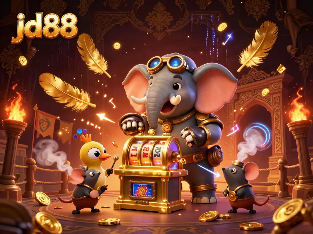 Spin the golden slot machine with jd88's unique steampunk elephant engineer amidst swirling gold coins.