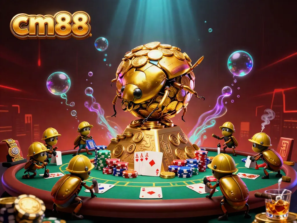 Engage with cm88's exciting casino world featuring a beetle rolling gold coins and poker elements.