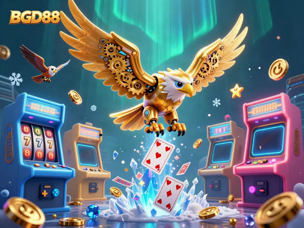 Engage with BGD88 as a cybernetic eagle dives through vibrant holographic cards in a futuristic casino setting.