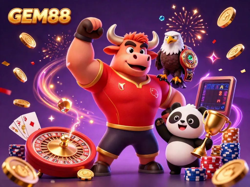 Celebrate with GEM88 as a muscular bull and eagle showcase victory in this vibrant casino scene.