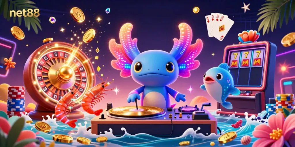Watch the neon axolotl DJ spinning records at net88 amidst flying coins and vibrant characters.