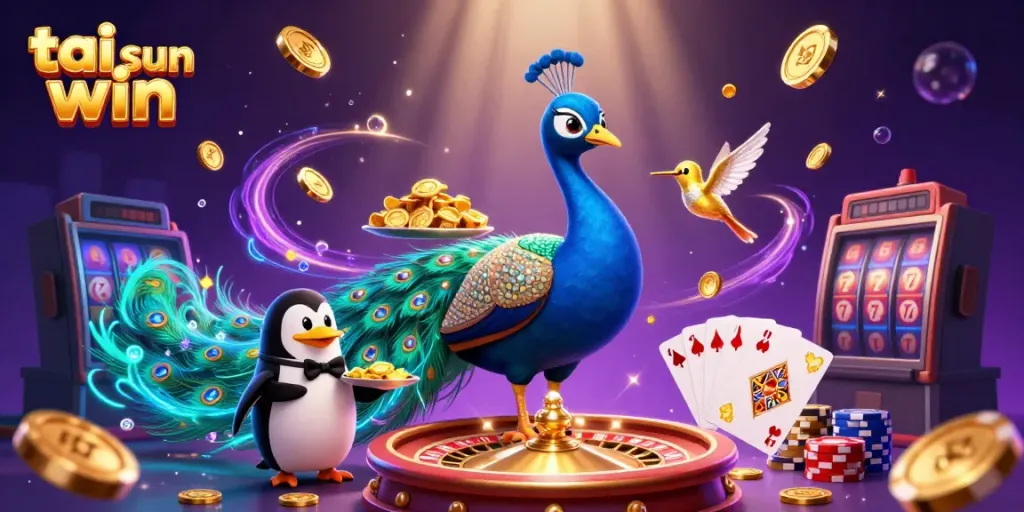 Experience the excitement of tai sun win with vibrant characters and dazzling casino elements in this 3D illustration.