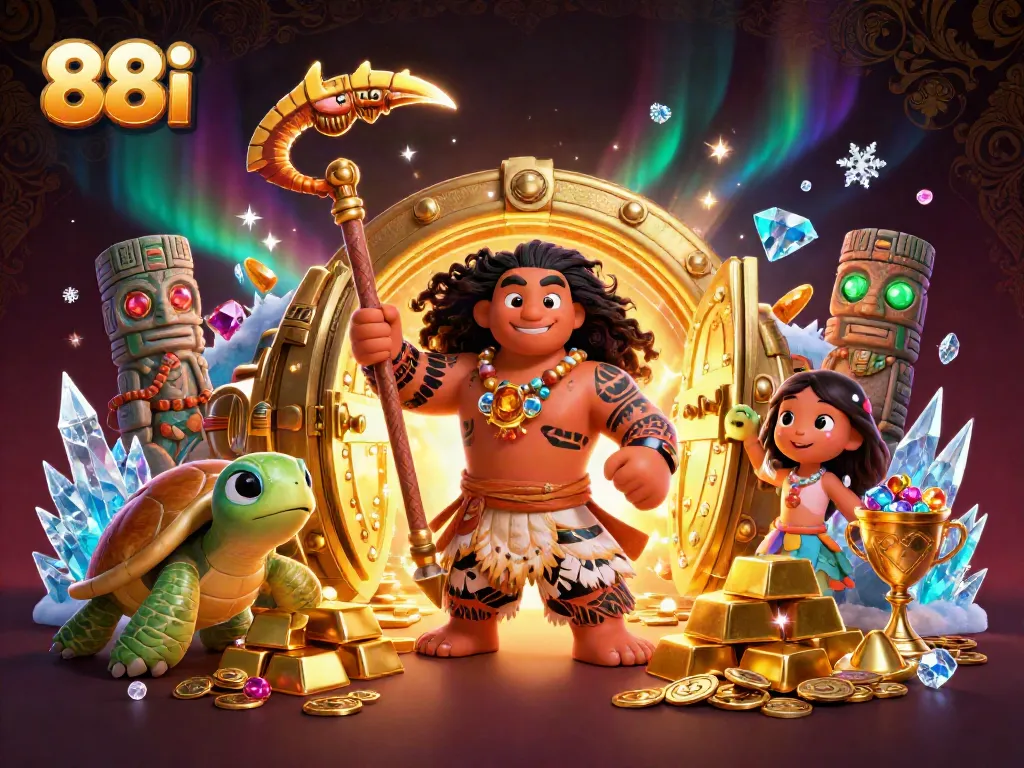 Engage with the thrilling 88i casino world depicted with vibrant characters, gold treasures, and exciting elements.