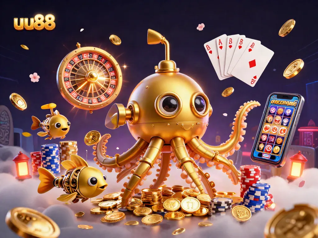 Experience the thrill of betting with uu88 as golden coins cascade from a kraken submarine in a vibrant casino scene.