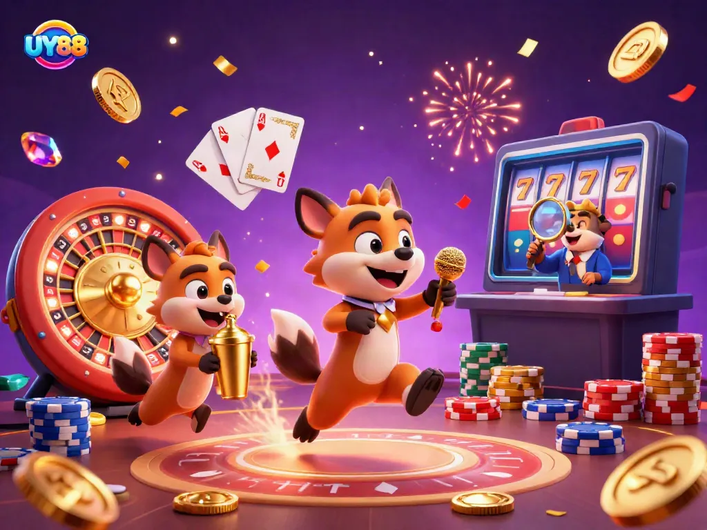 Experience the vibrant energy of UY88 casino with hyenas in a lively gambling scene.