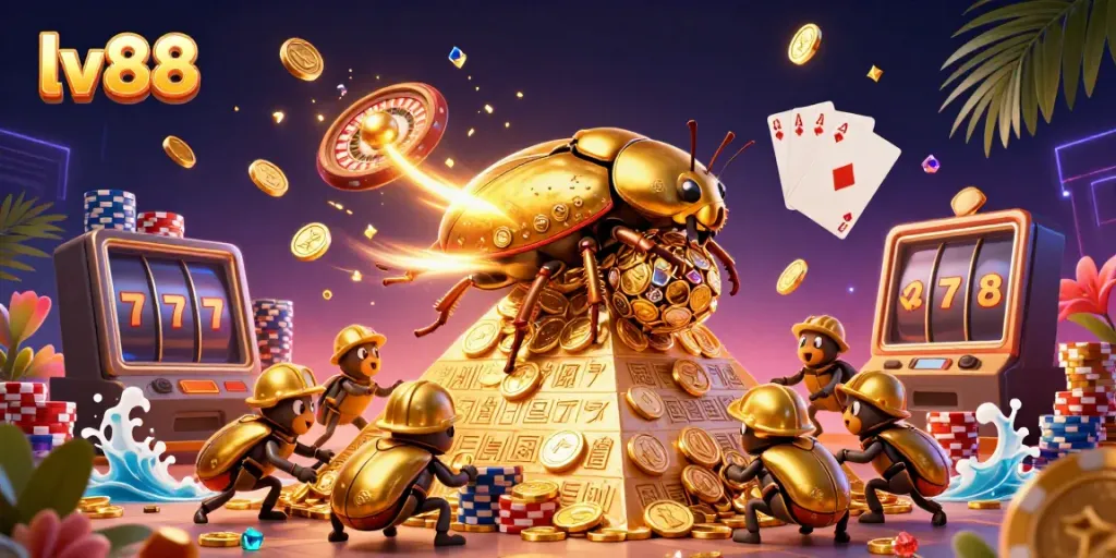 Experience the excitement of lv88 with this dynamic 3D illustration of a golden beetle and casino symbols.