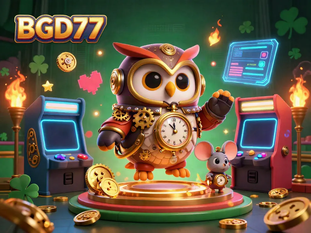 Experience BGD77 with a whimsical steampunk owl and vibrant casino elements in 3D illustration.