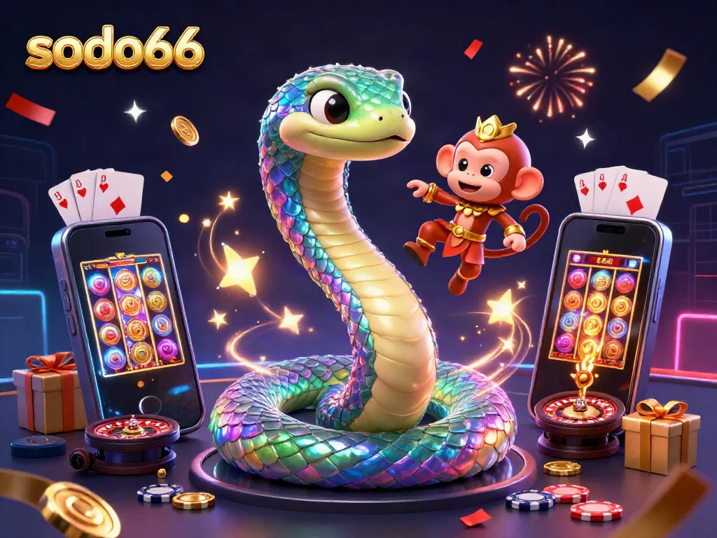Experience the excitement of sodo66 with vibrant characters and casino elements in this colorful illustration.