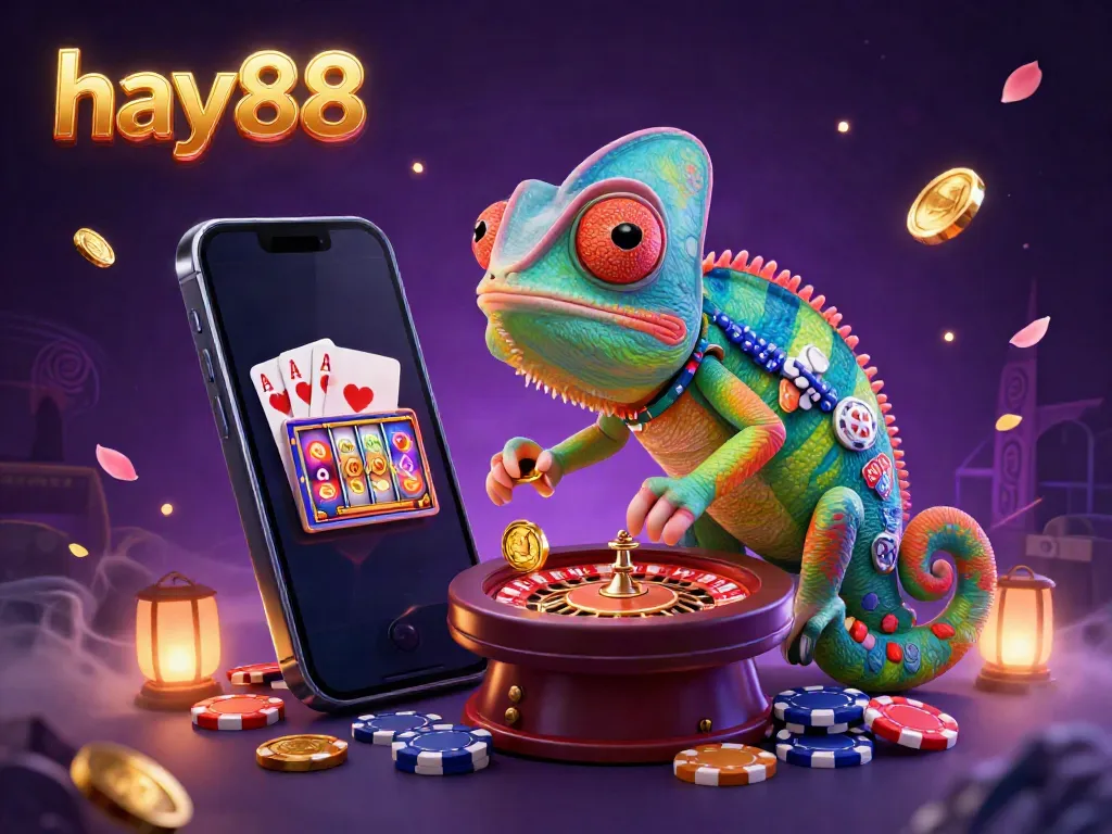 Experience thrilling gaming at hay88 with colorful slot action and vibrant chameleon casino owner.