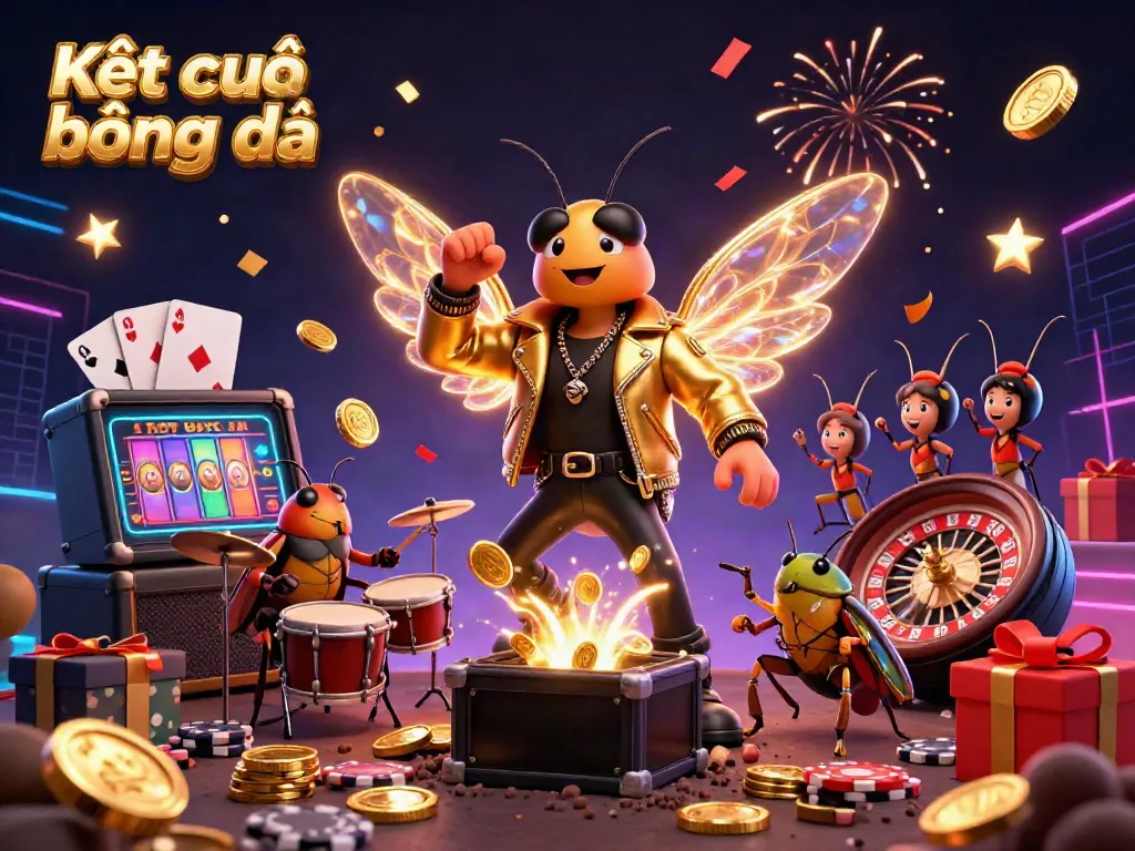 Experience Kết quả bóng đá with a dynamic 3D scene featuring a cicada rock star and gambling elements like slots and cards.