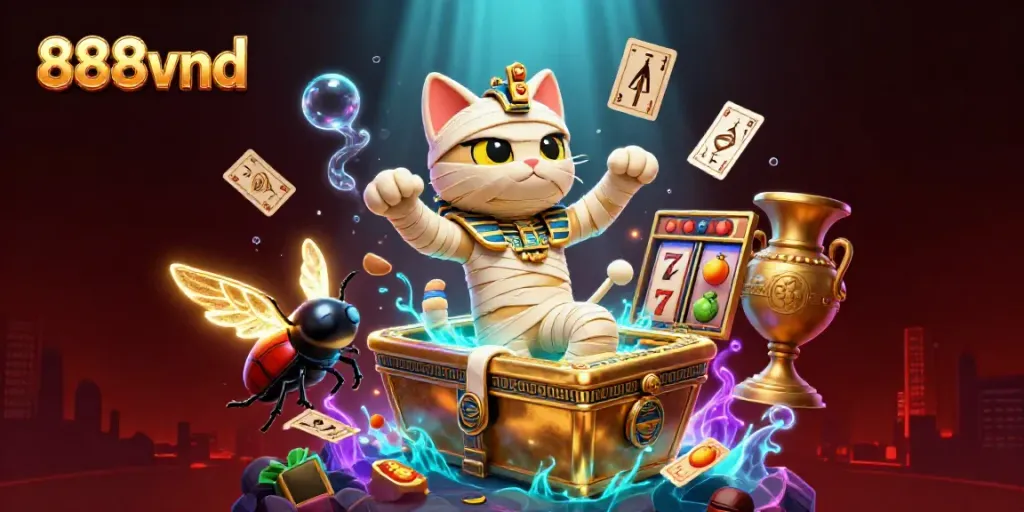 Experience the excitement of 888vnd with a dynamic casino scene featuring a cat-like mummy and slot elements.