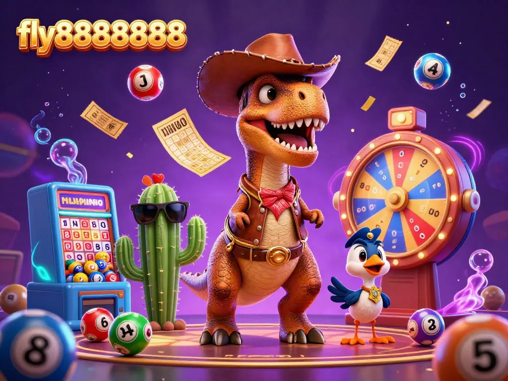 Engage with the exciting world of fly88888888 through this vibrant casino-themed illustration featuring cartoon characters and lottery elements.
