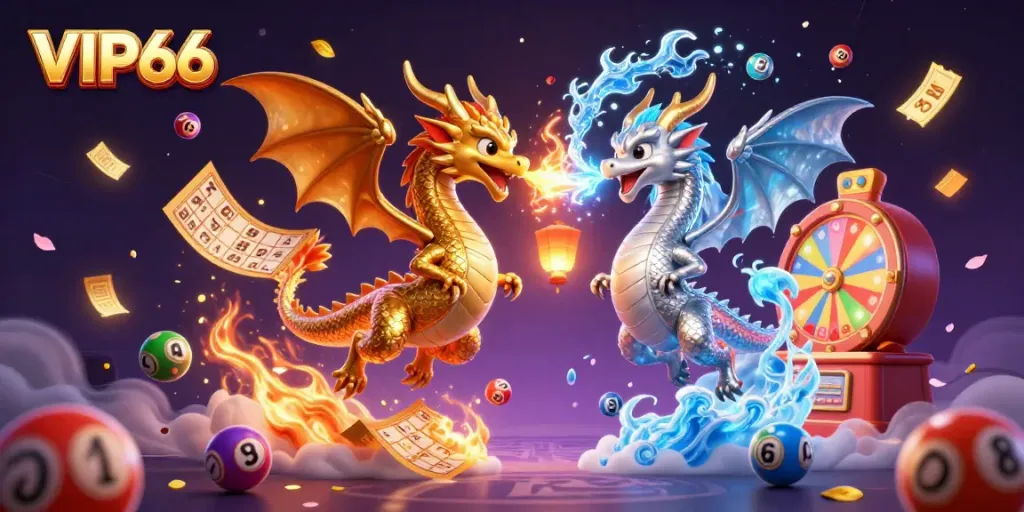 Join the excitement with the dynamic VIP66 casino theme showcasing dragons and lottery elements.
