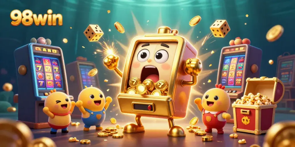 Experience the thrill of 98win as a joyful slot machine hits a jackpot, coins flying everywhere in this vibrant casino scene.